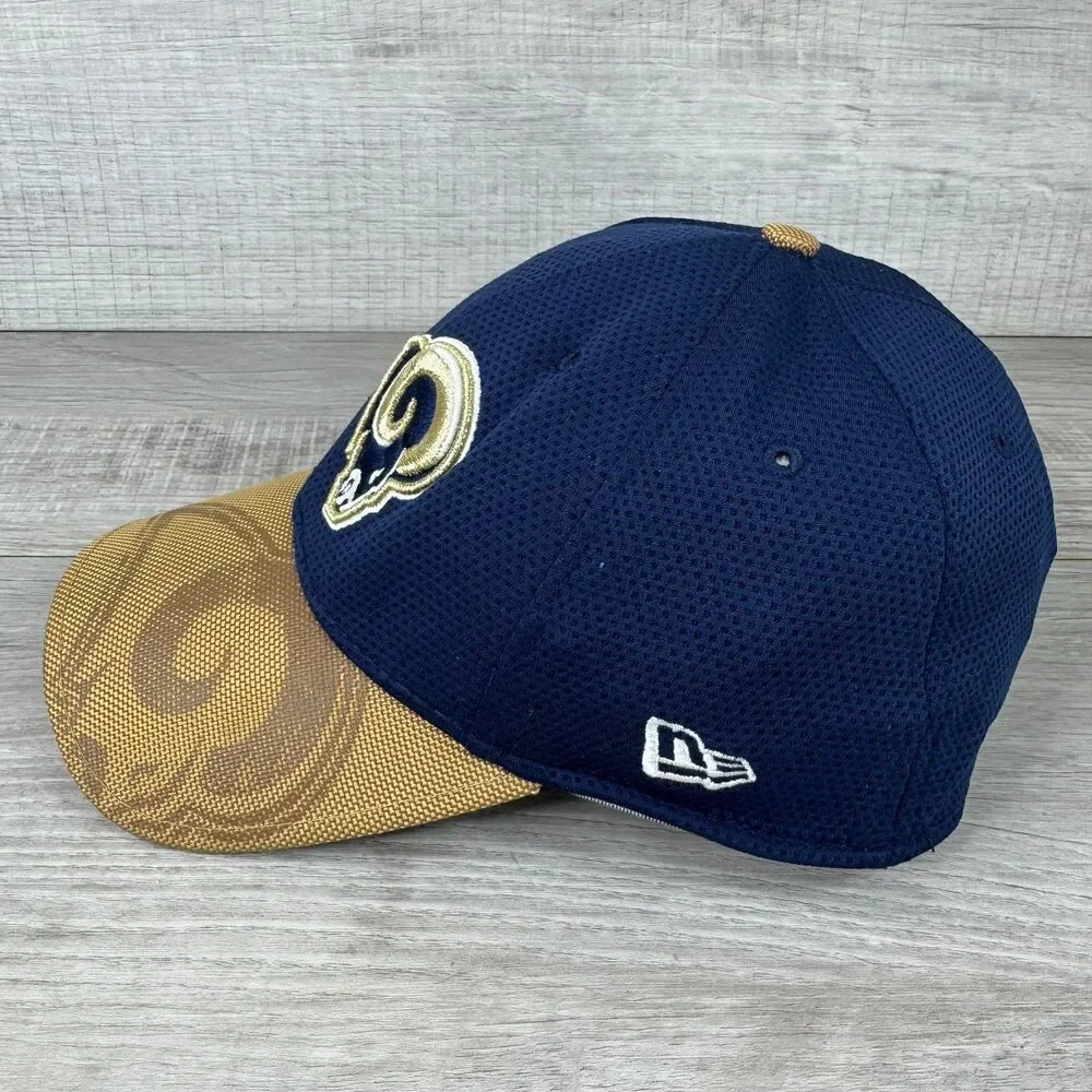 New Era 39Thirty Los Angeles Rams Cap Mens S-M Navy Blue Beige Mesh Fitted Hat